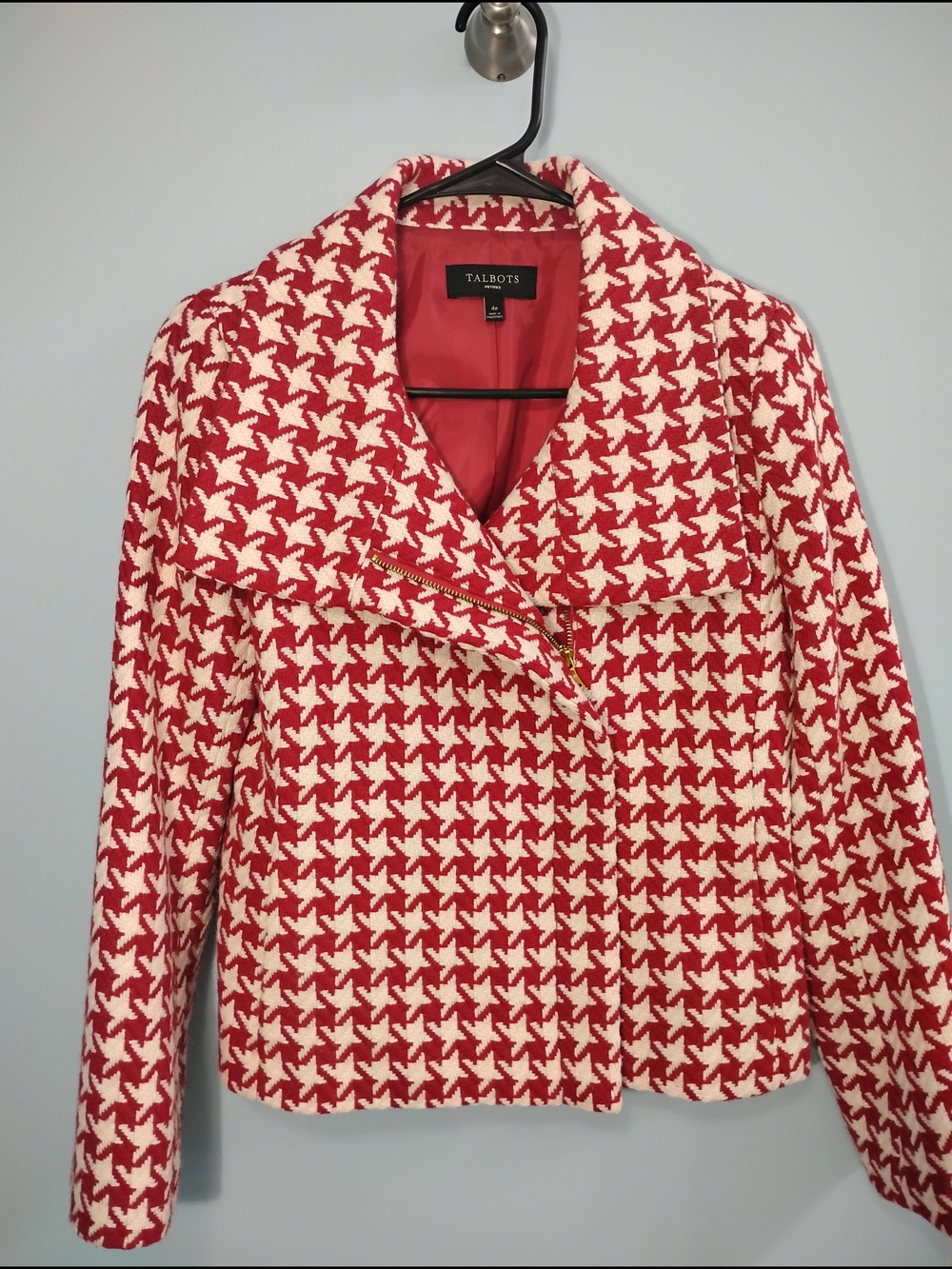 Talbots Red and Cream Houndstooth Zip-Front Blazer Size 4p